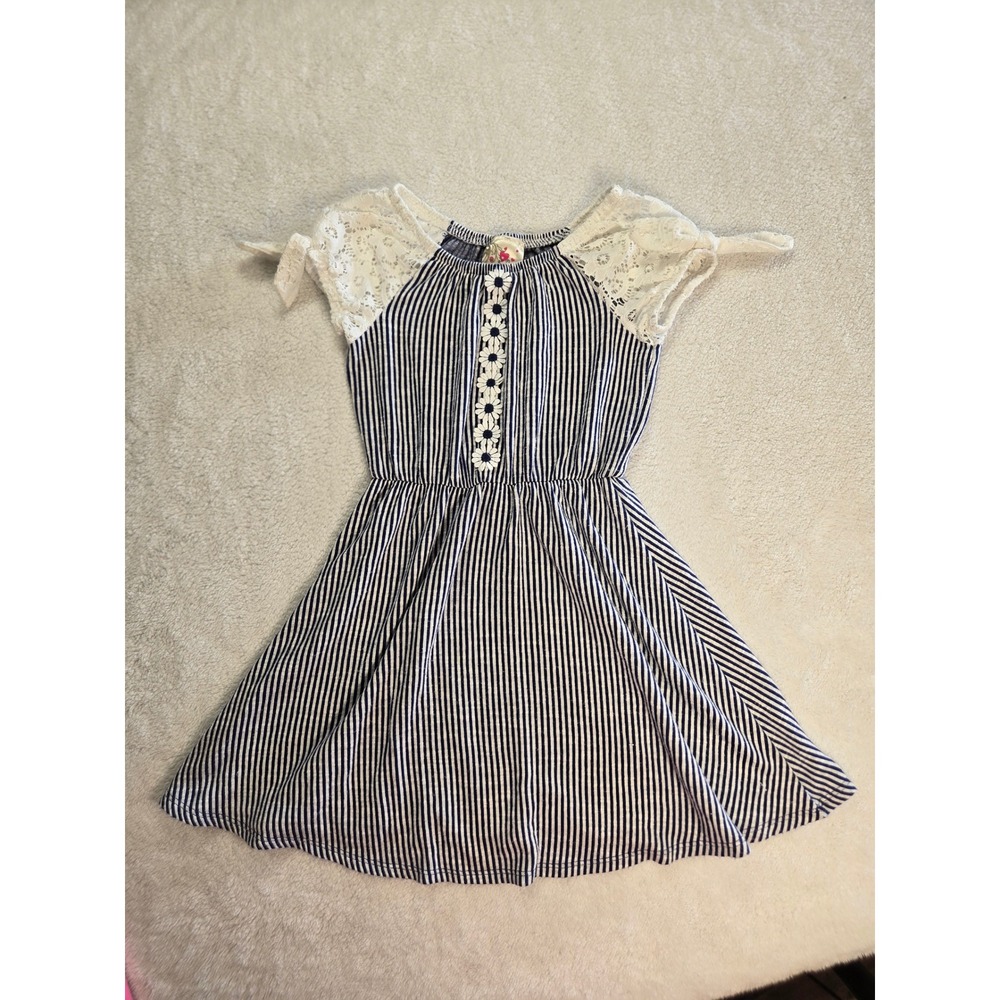 Jenna &‎ Jessie Girls Navy White Striped Daisy Lace Sleeve Dress Size 7 Coastal